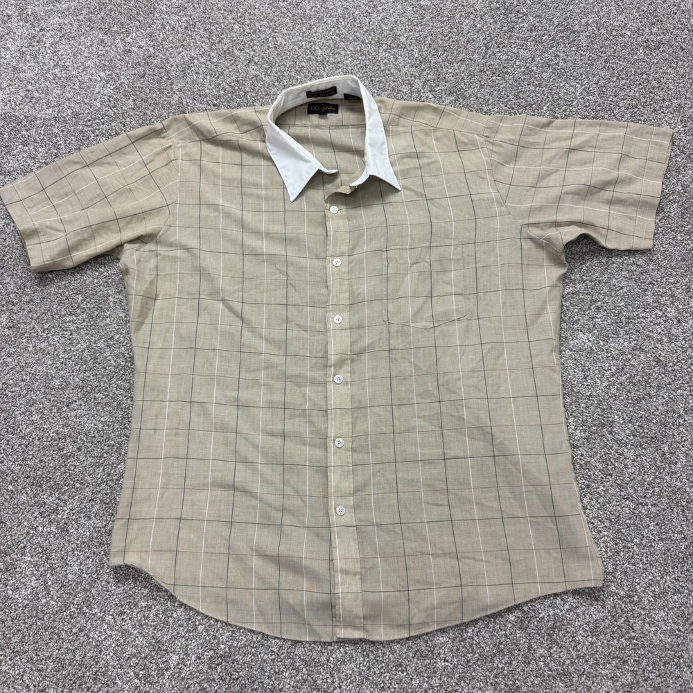 BonJour Shirt Mens Large Beige Check Short Sleeve Button Up Contrast Collar